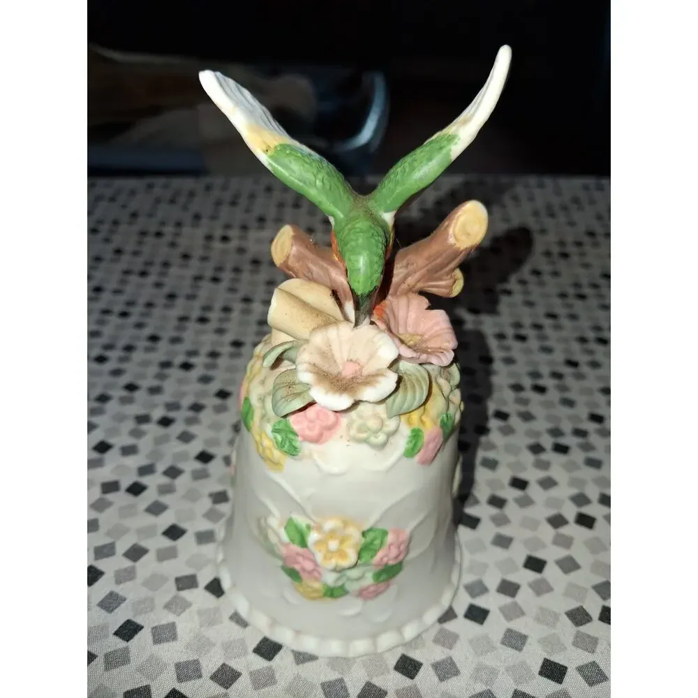 Vintage Bisque Porcelain Hummingbird Bell Figurine Flowers